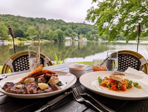 A scenic lakeside dining setup featuring two gourmet dishes: steak with vegetables and a fish salad, with drinks nearby.