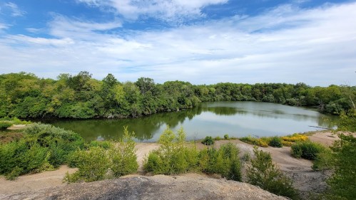 A serene landscape featuring a calm lake surrounded by lush greenery and a clear blue sky.