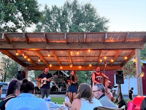 A live music performance under a wooden pavilion with string lights, featuring three musicians and an audience enjoying the show.