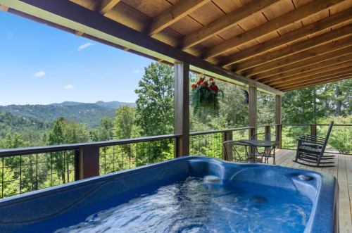 A hot tub on a wooden deck with a scenic view of green hills and blue sky in the background.