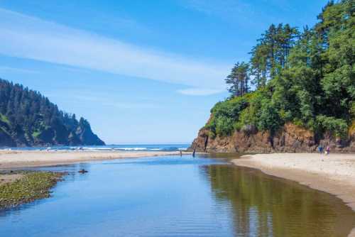 A serene beach scene with a calm river, sandy shore, and lush green cliffs under a clear blue sky.