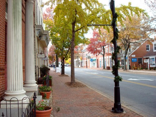 A tree-lined street with brick sidewalks, colorful autumn leaves, and quaint shops in a small town setting.