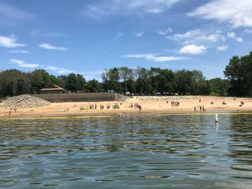 A sandy beach with people sunbathing and swimming, surrounded by trees and a clear blue sky.