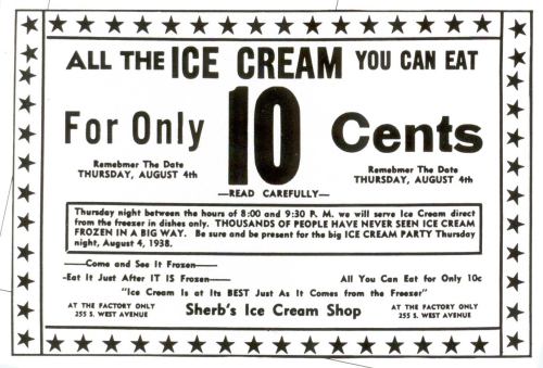 Advertisement for an all-you-can-eat ice cream event on August 4th, 1938, for 10 cents at Sherb's Ice Cream Shop.
