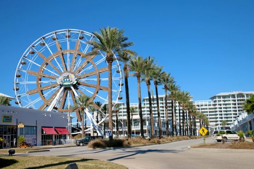 A sunny street lined with palm trees, featuring a large Ferris wheel and modern buildings in the background.