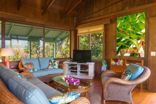 Cozy living room with blue sofas, a TV, and large windows showcasing lush greenery outside.
