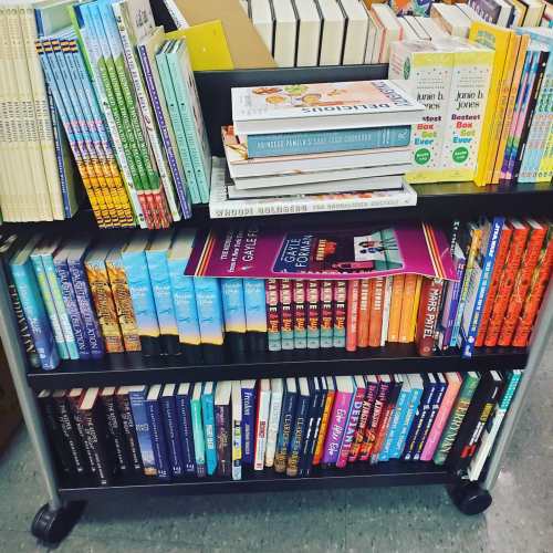 A bookshelf filled with various colorful books, including children's titles and cookbooks, organized on two shelves.