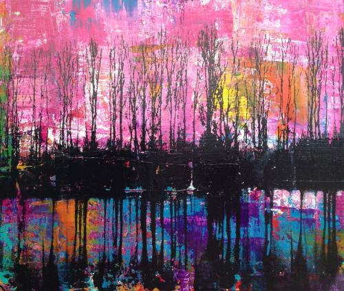 A vibrant abstract landscape with pink skies, dark silhouettes of trees, and colorful reflections on water.