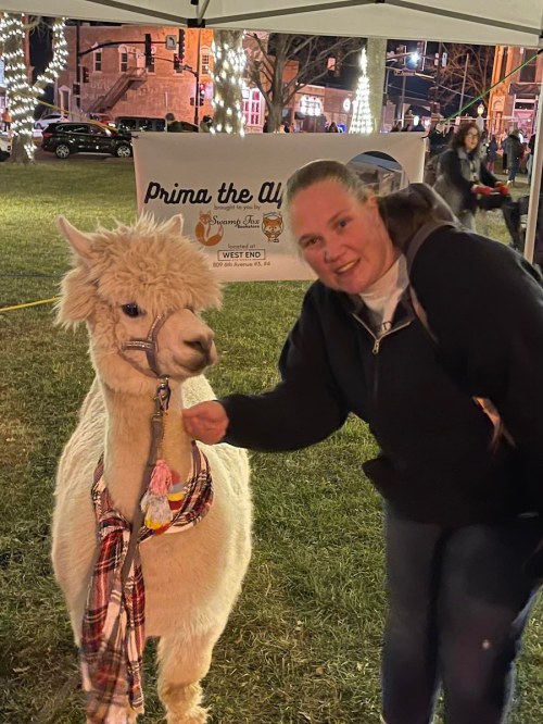 A woman smiles while petting a white alpaca wearing a festive scarf at a holiday event.