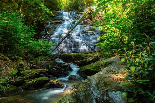 A serene waterfall cascades over rocks, surrounded by lush green foliage and sunlight filtering through the trees.