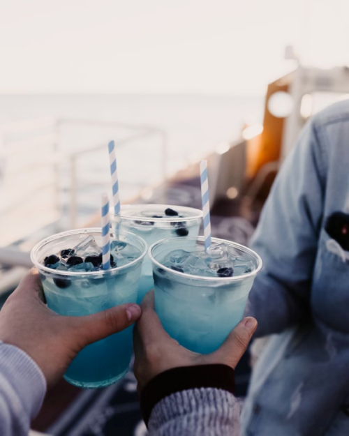 Three hands holding clear cups of blue drinks with blueberries, set against a scenic outdoor background.