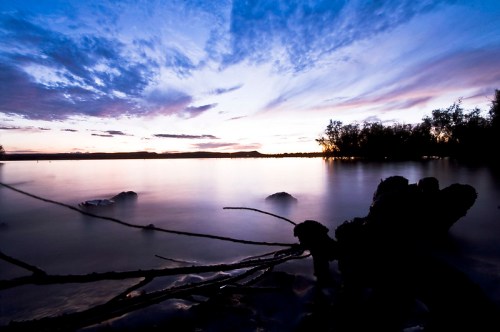 A serene twilight scene over a calm lake, with silhouetted trees and branches in the foreground against a colorful sky.