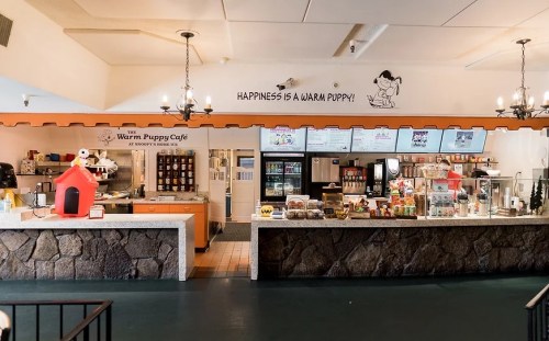 Interior of a café featuring a counter with food and drinks, decorated with a doghouse and a cheerful sign about happiness.