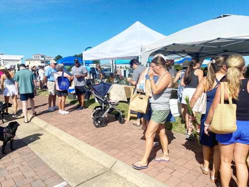A busy outdoor market scene with people browsing stalls, tents, and a dog walking by on a sunny day.