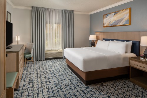 A modern hotel room featuring a king bed, desk, TV, and large window with sheer curtains.