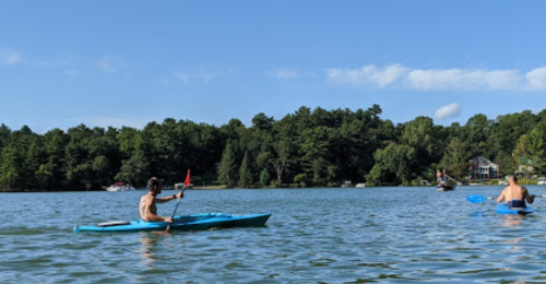 Two people kayaking on a calm lake surrounded by trees under a clear blue sky.