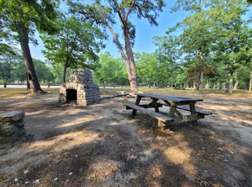 A stone fireplace beside a picnic table in a wooded park area with green trees and a clear blue sky.