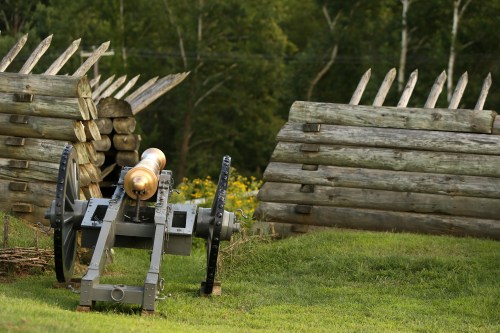 A historic cannon positioned in front of wooden fortifications, surrounded by greenery and wildflowers.