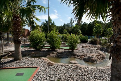 A mini-golf course surrounded by palm trees, rocks, and a small stream under a clear blue sky.