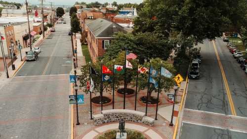 Aerial view of a street with flags from various states and a statue in a small town setting.