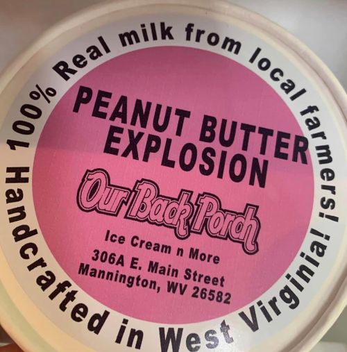 Container label for "Peanut Butter Explosion" ice cream, highlighting local ingredients and handcrafted in West Virginia.