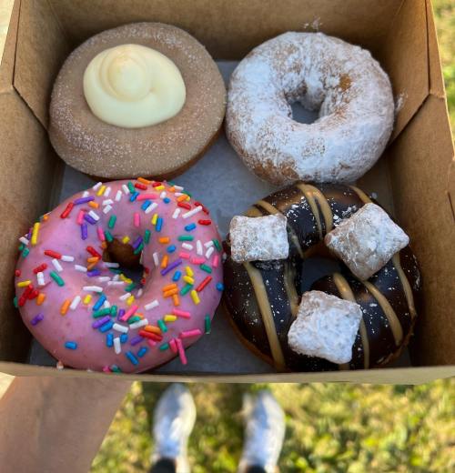 A box of four assorted donuts: one with cream, one powdered, one with sprinkles, and one drizzled with chocolate.