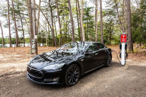 A black Tesla parked next to a charging station in a wooded area with trees and a lake in the background.