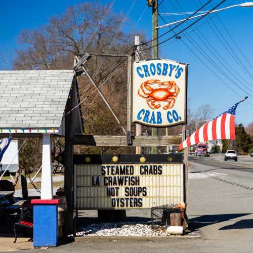 Sign for Crosby's Crab Co. featuring offerings like steamed crabs, crawfish, hot soups, and oysters, with an American flag nearby.