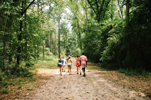 A group of five people walking together on a dirt path through a lush green forest.