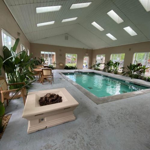 Indoor swimming pool area with plants, seating, and a small decorative fire pit. Bright, airy atmosphere with skylights.