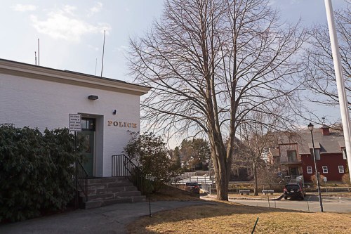 A police station building with a tree nearby, set against a clear sky and a few parked cars in the background.