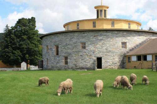 A round stone barn with a yellow roof, surrounded by green grass and sheep grazing in the foreground.