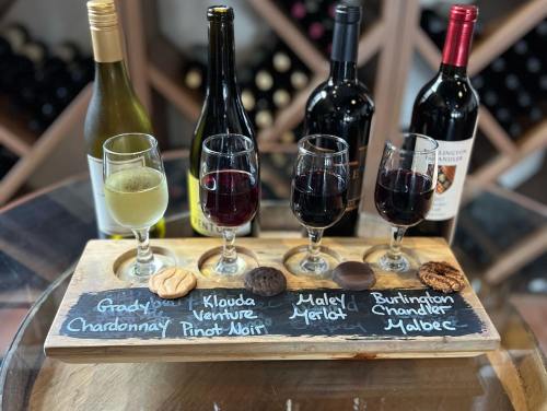 A wooden tasting board with four wine glasses filled with different wines, accompanied by cookies and wine bottles in the background.