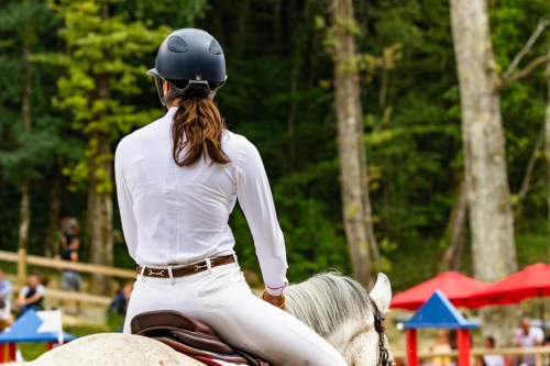 A rider in a white shirt and helmet sits on a horse, facing away, surrounded by trees and spectators in the background.