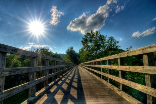 A wooden bridge stretches into the distance under a bright sun and blue sky, surrounded by lush greenery.