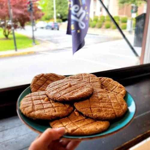 A hand holds a plate of freshly baked cookies with a crisscross pattern, set against a window view of a street.