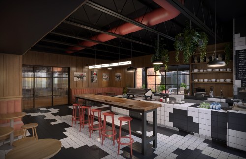 Modern café interior featuring wooden accents, black and white tiles, a long table, and greenery.