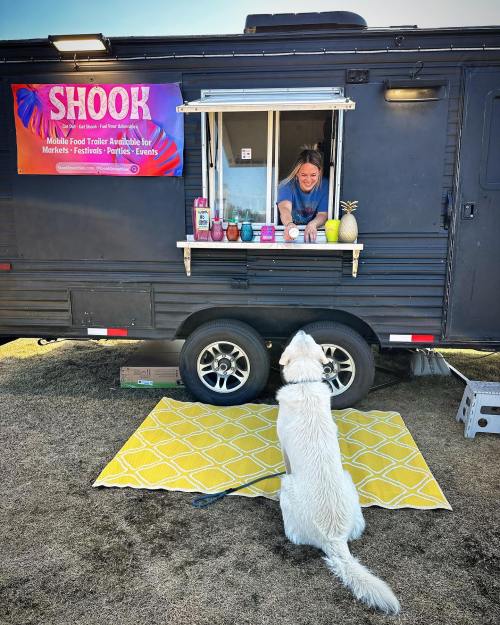 A food truck named "SHOOK" with a woman serving drinks, while a white dog sits on a yellow rug outside.
