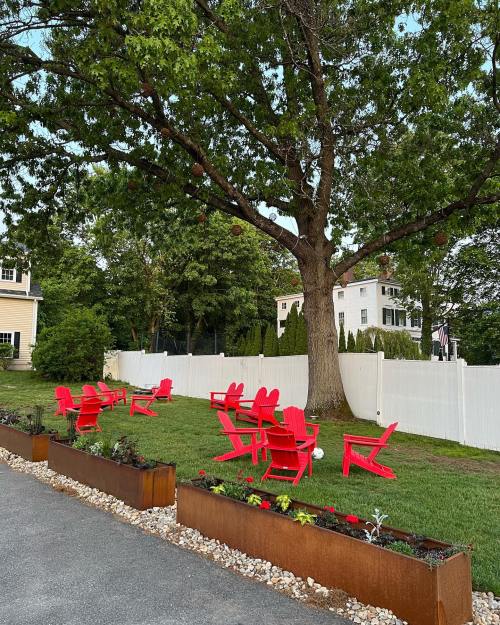 A grassy area with red Adirondack chairs arranged around a large tree, bordered by a white fence and flower beds.