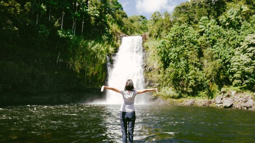 A person stands with arms outstretched in front of a waterfall, surrounded by lush greenery and a serene pool.