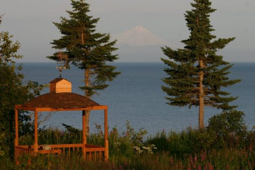 A wooden gazebo overlooks a calm lake with mountains in the distance, framed by tall trees and wildflowers.