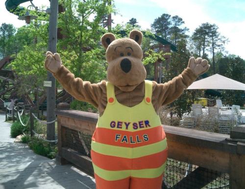 A cheerful bear mascot in a colorful vest stands with arms raised, welcoming visitors at a water park.