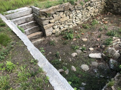 Stone steps lead down to a grassy area with scattered rocks and overgrown vegetation, surrounded by a stone wall.
