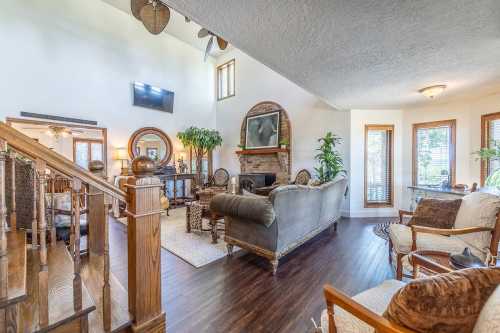 Spacious living room with high ceilings, elegant furniture, and large windows, featuring a cozy fireplace and plants.