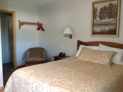 Cozy hotel room with a bed, armchair, wall art, and a small closet area. Warm, inviting decor.