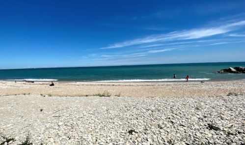 A serene beach scene with pebbles, gentle waves, and two people walking along the shore under a clear blue sky.