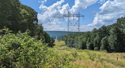 A power line tower stands in a green valley surrounded by trees under a blue sky with fluffy clouds.