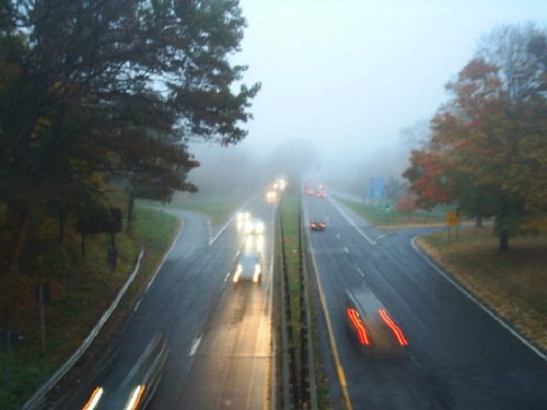 A foggy highway scene with blurred headlights and taillights, surrounded by trees and autumn foliage.