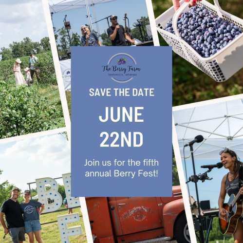 Collage promoting the fifth annual Berry Fest on June 22nd, featuring blueberries, music, and outdoor activities.