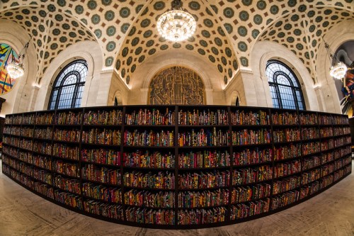 A grand library interior with a curved bookshelf filled with colorful books, ornate ceilings, and elegant chandeliers.